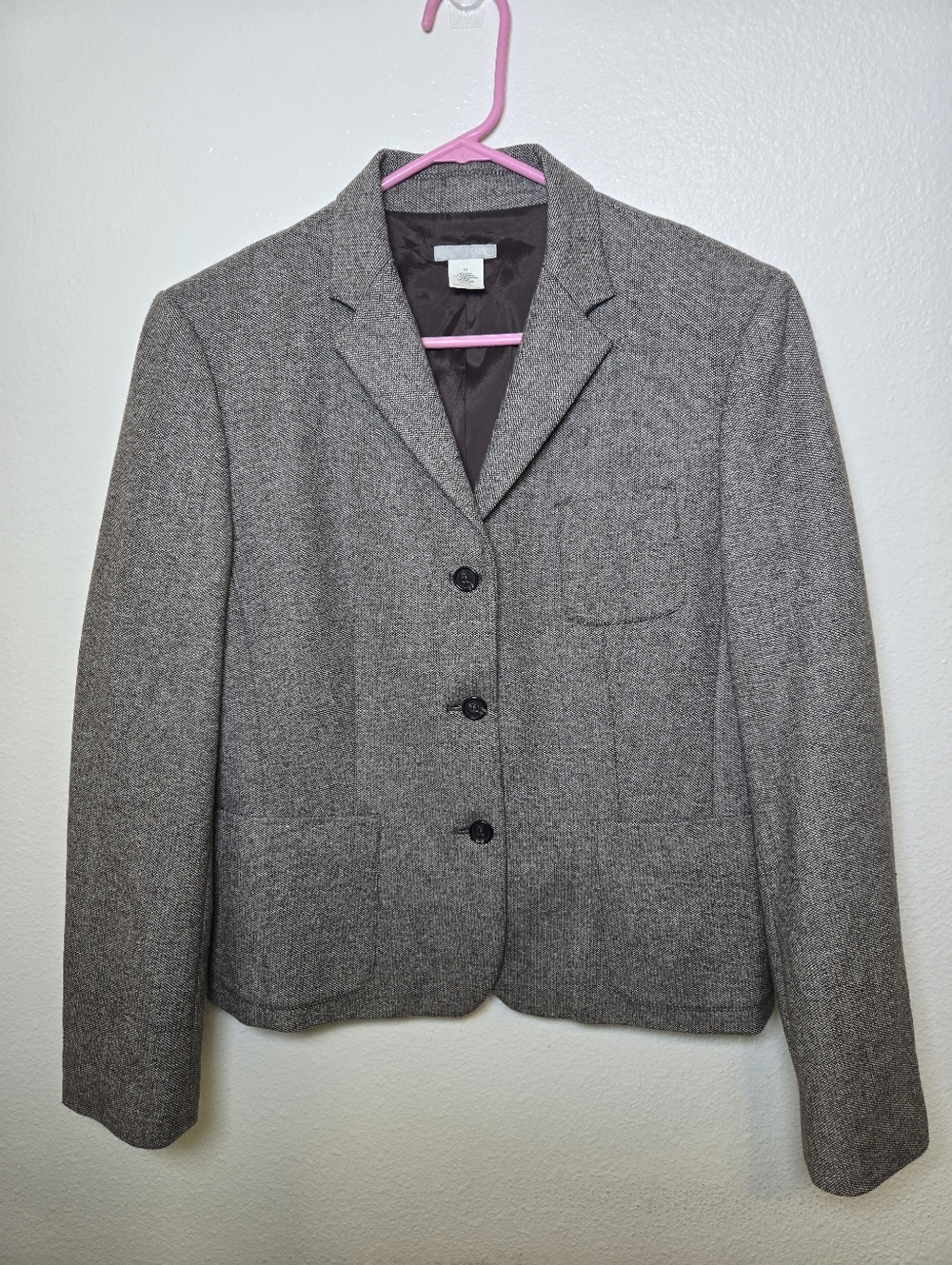 J Crew Wool Herringbone Blazer Size 12 Gray Tweed Lined Jacket 3-Button Pockets